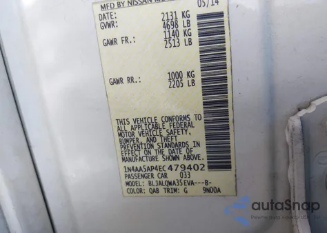 2014 Nissan Maxima 3.5 S/3.5 Sv z USA, uszkodzony, nr VIN 1N4AA5AP4EC479402